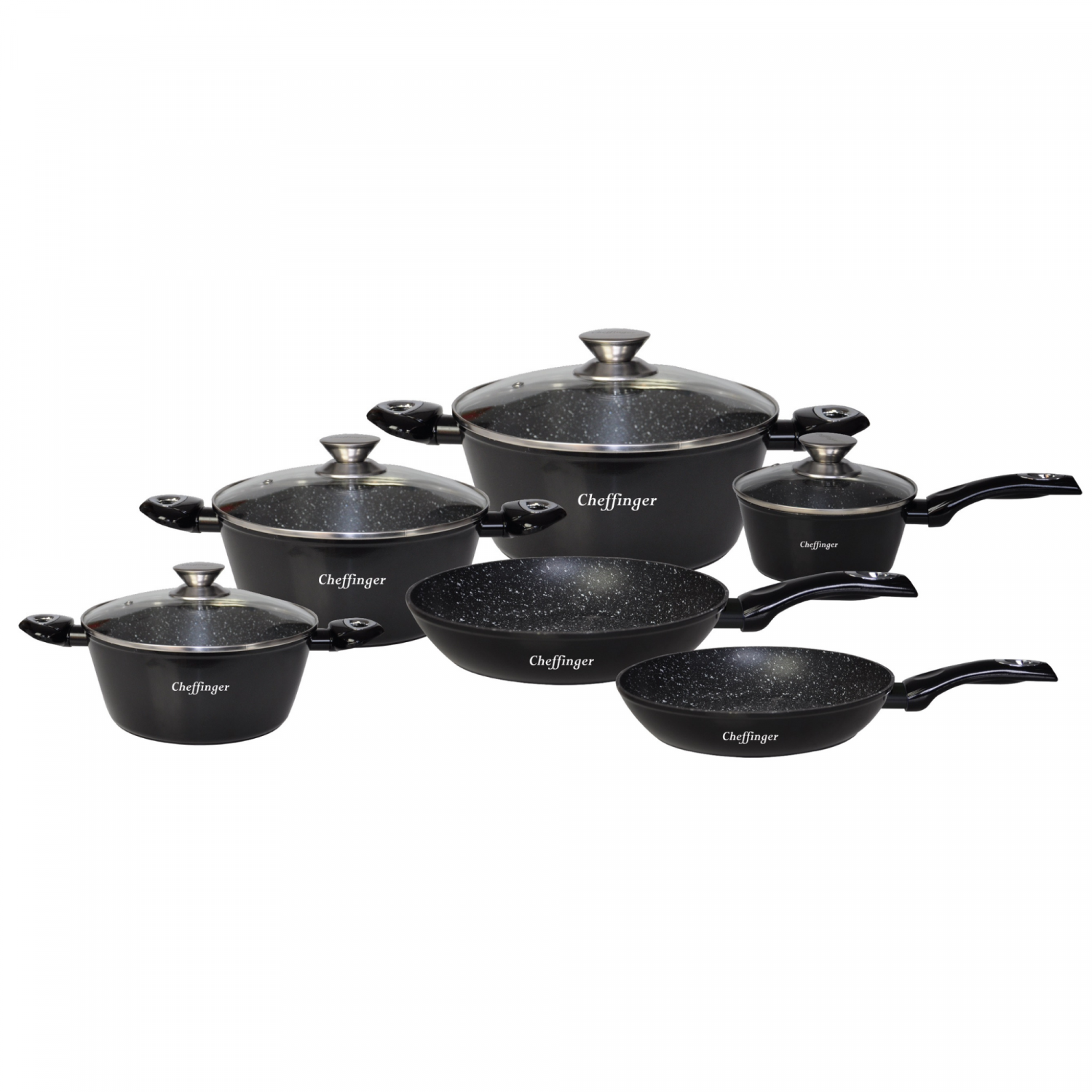 Cheffinger CF-FA1010-BLK: 10 Pieces Marble Coated Cookware Set