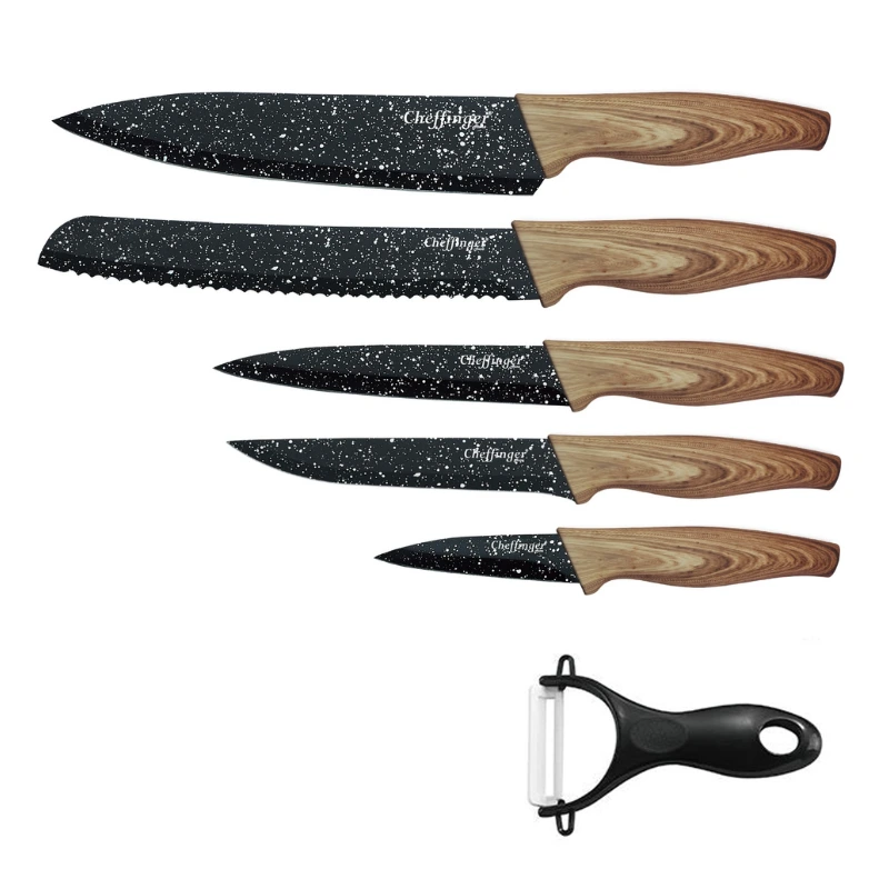 Cheffinger CF-MB06: 6 Pieces Marble Coated Knife Set with Wood Design