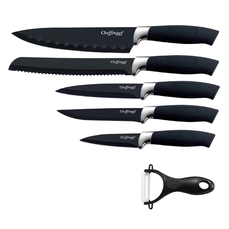 Cheffinger CF-MB07: 6 Pieces Marble Coated Knife Set in Jet Black