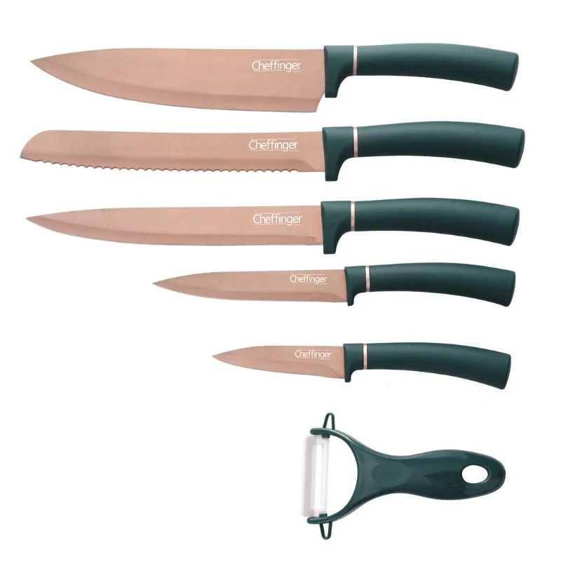 Cheffinger CF-MB10: 6 Pieces Marble Coated Knife Set - Titanium Gold Collection + Green