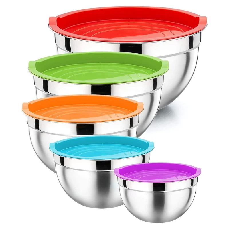 Herzberg HG-04074: 5 Pieces Nesting Mixing Bowl with Silicon Lid