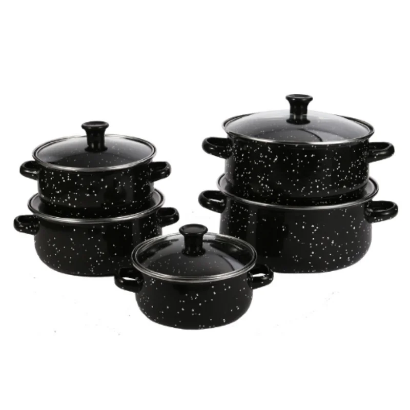 Herzberg HG-04128: 10 Pieces Enamel Kitchen Cooking Pot and Casserole with Glass Lid