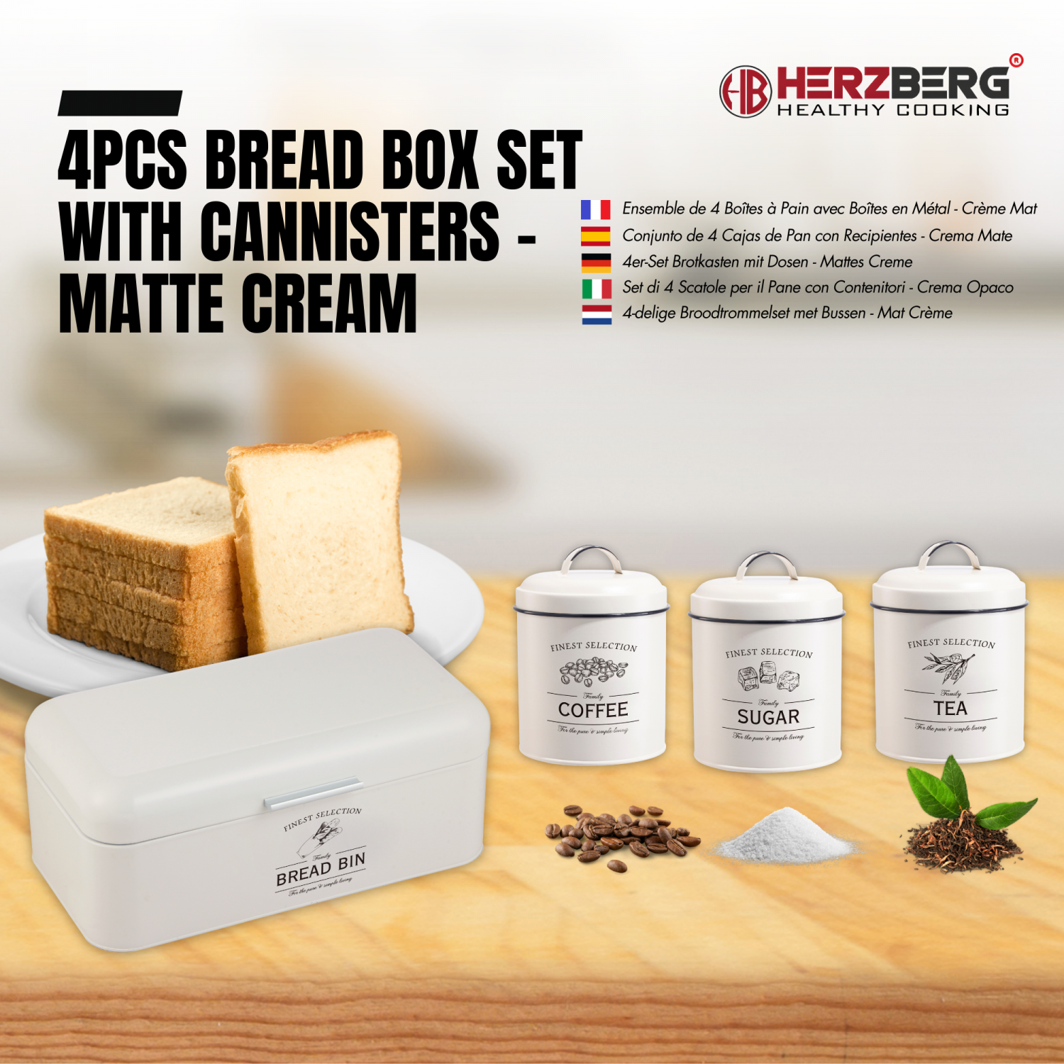 Herzberg HG-04418: Ensemble boîte à pain et boîte à conserve vintage 4 pièces - Crème mate