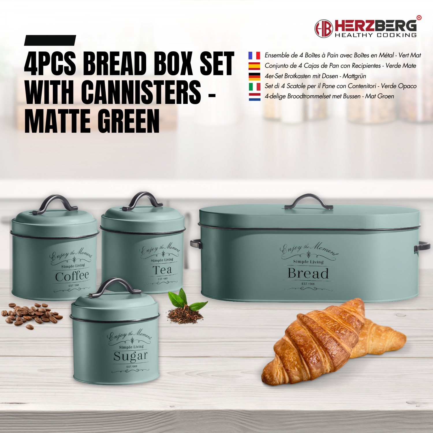 Herzberg HG-04425: 4 Pieces Vintage Bread Box and Canister Set - Sage Green