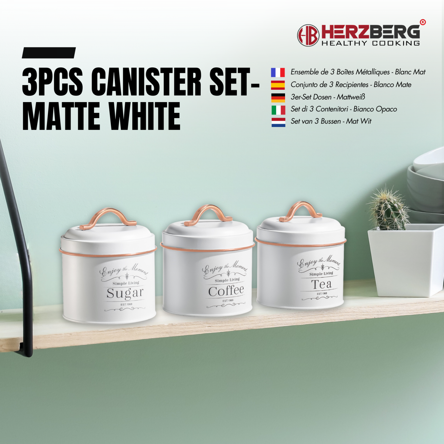 Herzberg HG-04425: 3 Pieces Vintage Caniter Set - White + Rose Gold Trim