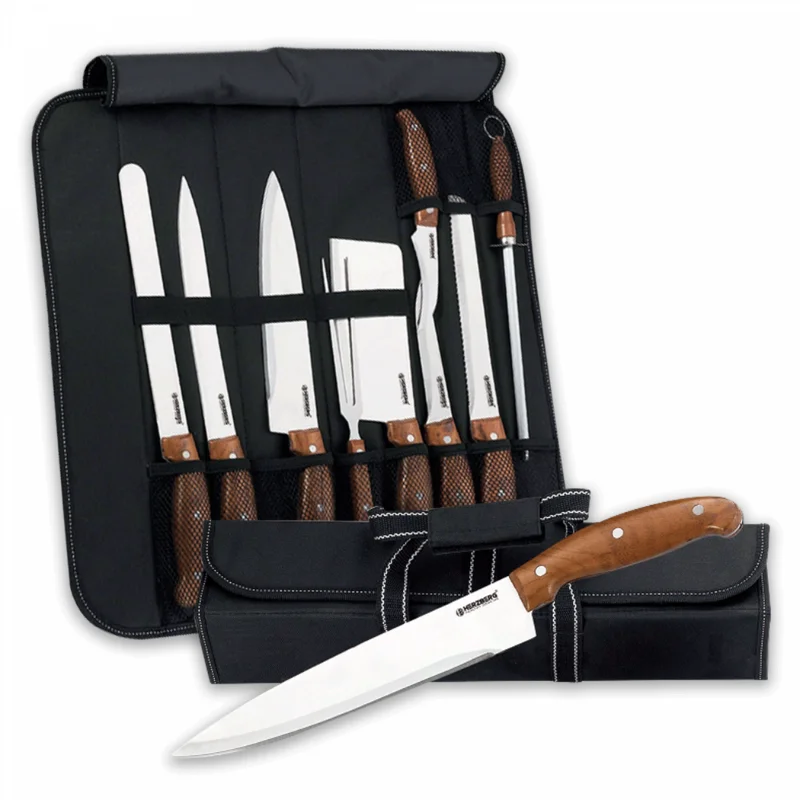 Herzberg HG-K9W : Ensemble de couteaux 9 pièces avec sac de transport pliable