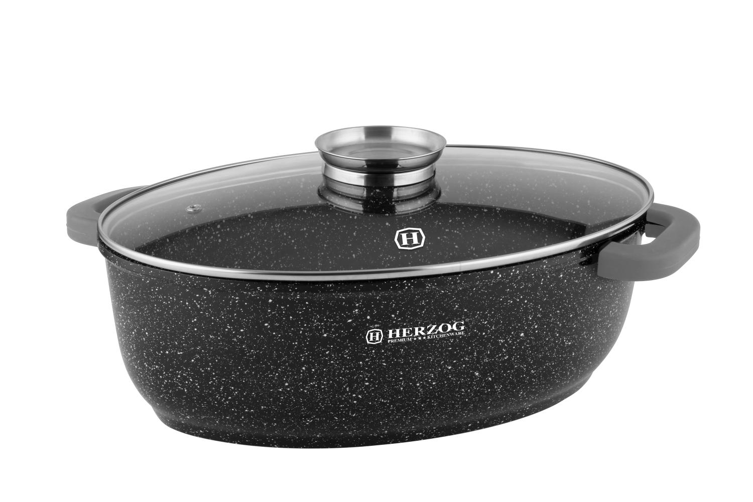 Herzog HR-5232: 38cm  Marble Coated Roasting Pan with Glass Lid Aroma Knob - 8.4L