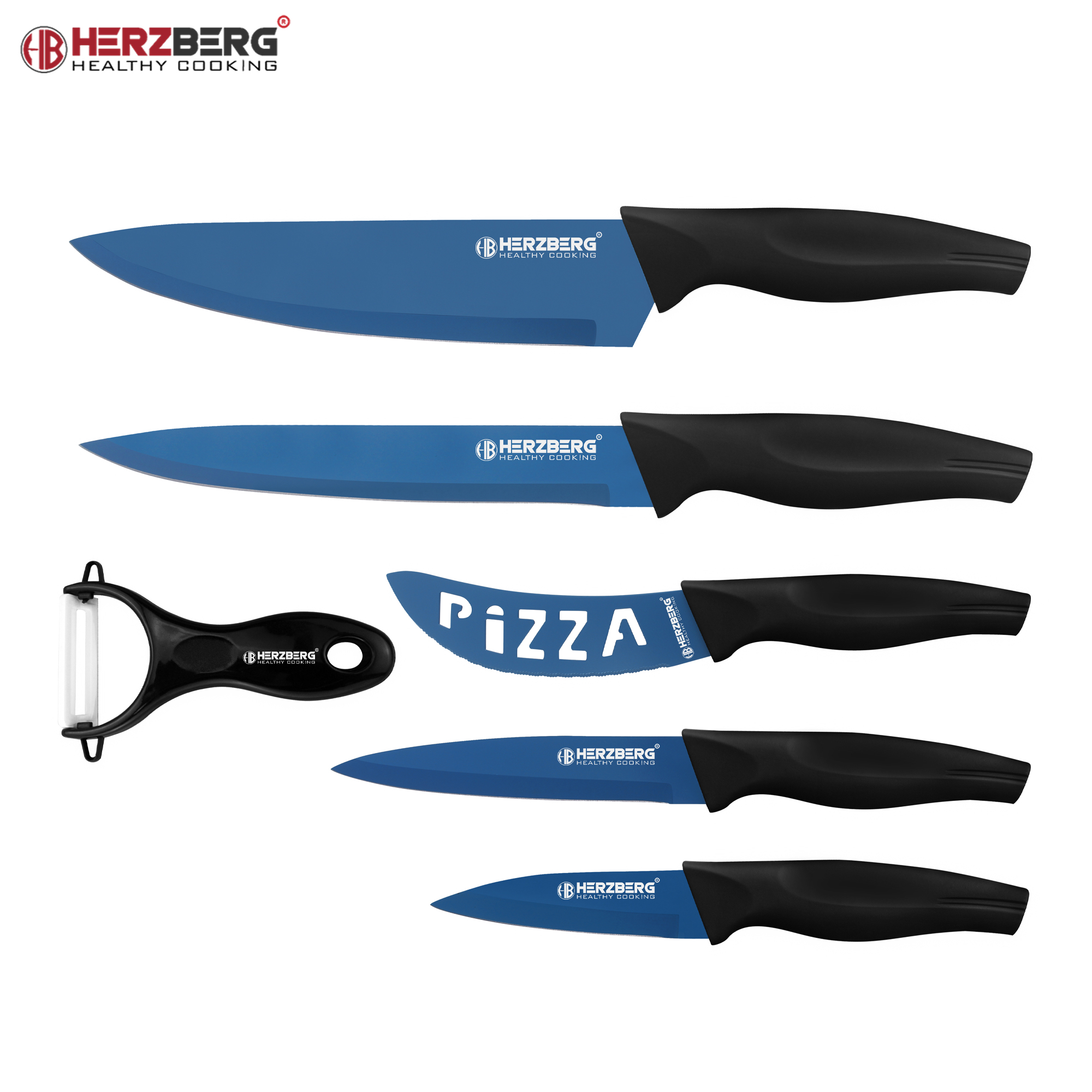 Herzberg HG-KL6BLU: Juego de cuchillos con revestimiento de mármol de 5 piezas - Azul