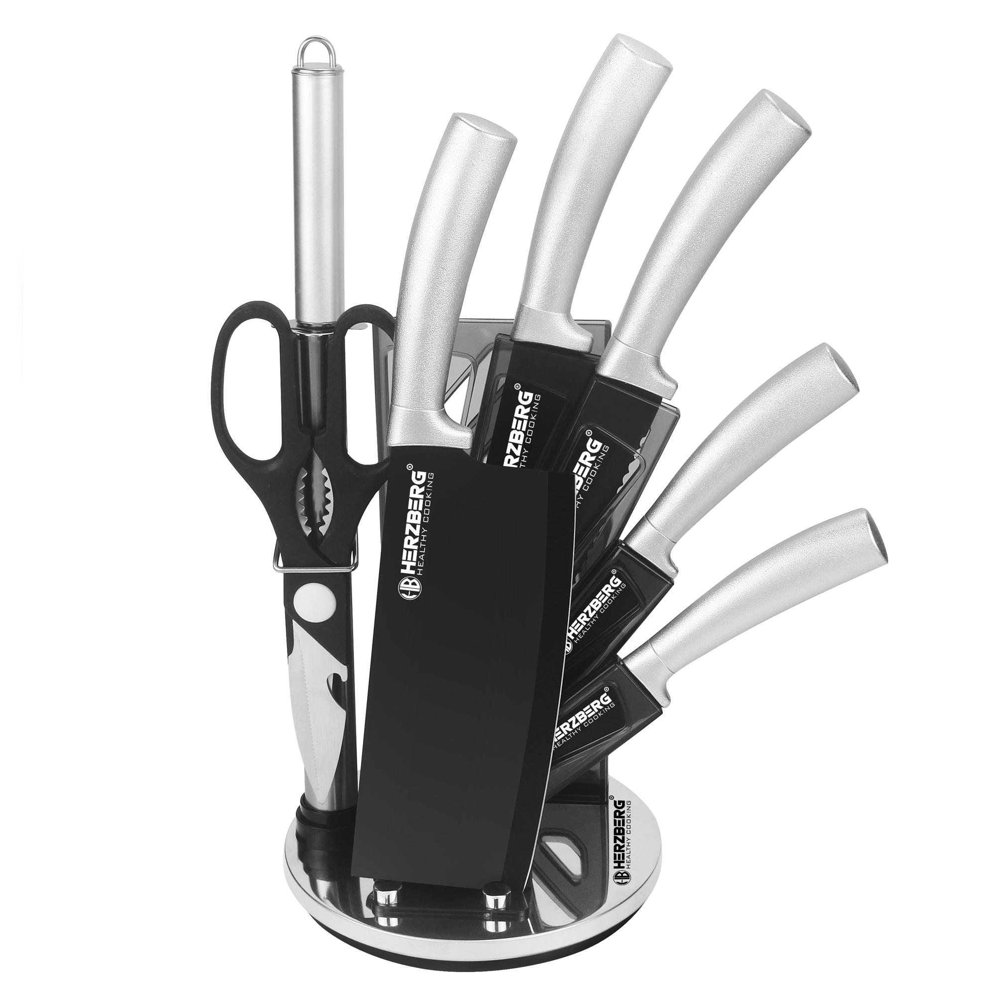 Herzberg Juego de cuchillos de 8 piezas con soporte de acrílico - Plata