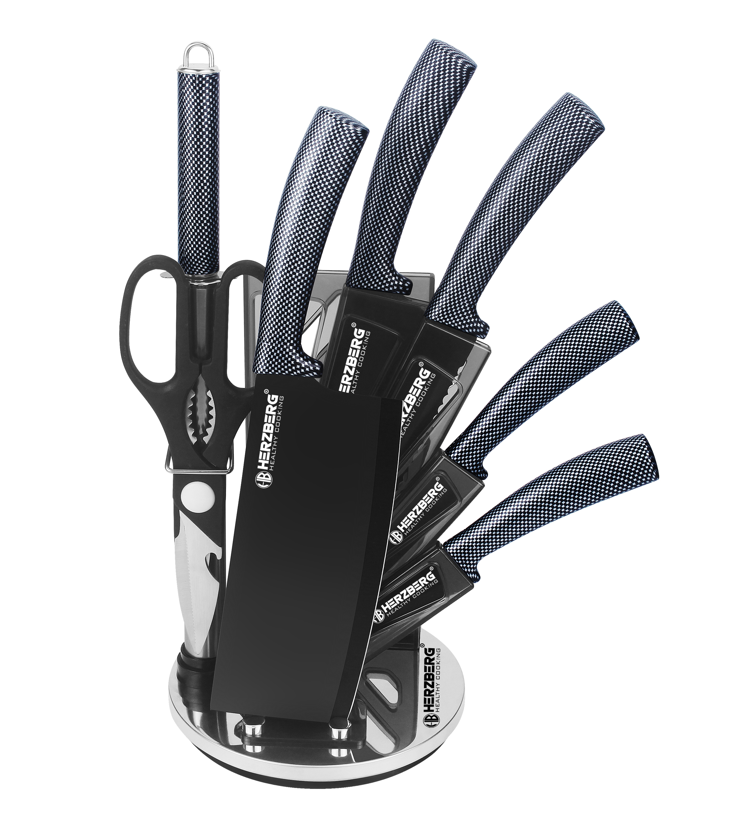 Herzberg Juego de cuchillos de 8 piezas con soporte de acrílico - Carbono