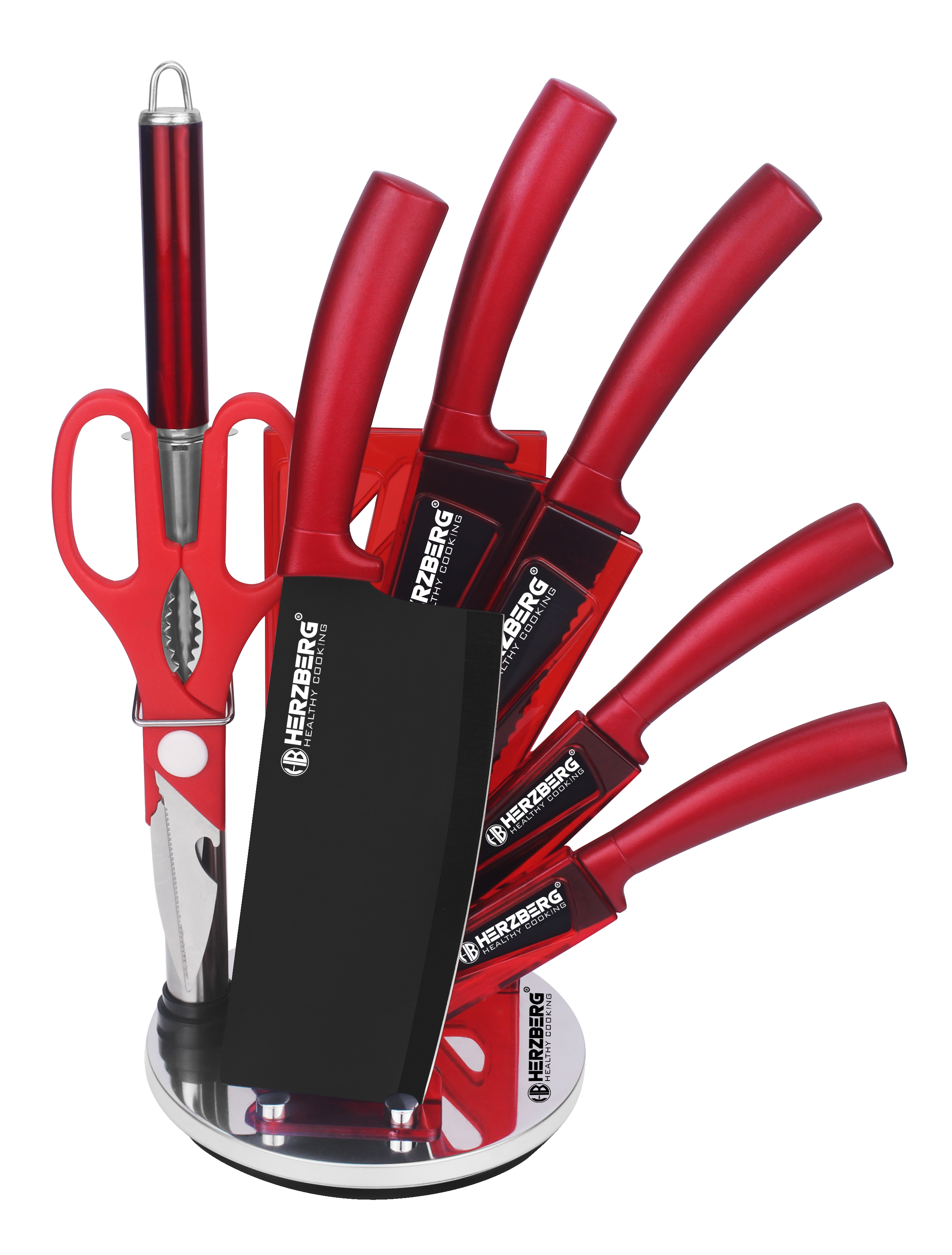 Herzberg Juego de cuchillos de 8 piezas con soporte de acrílico - Rojo