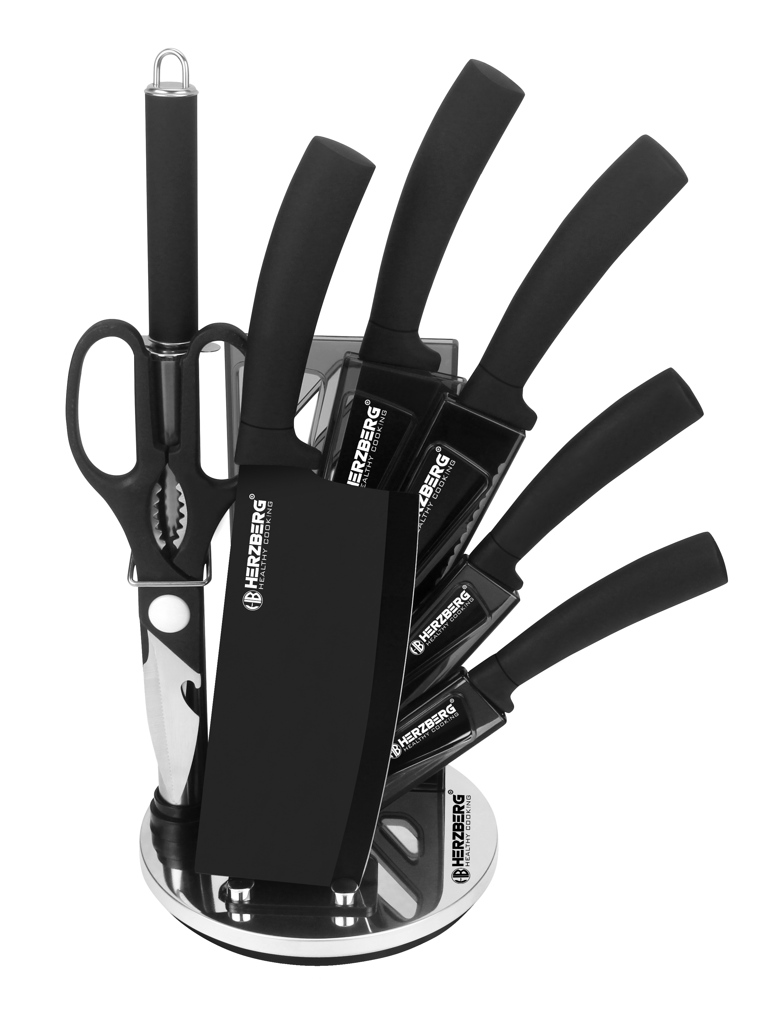 Herzberg Juego de cuchillos de 8 piezas con soporte de acrílico-Negro