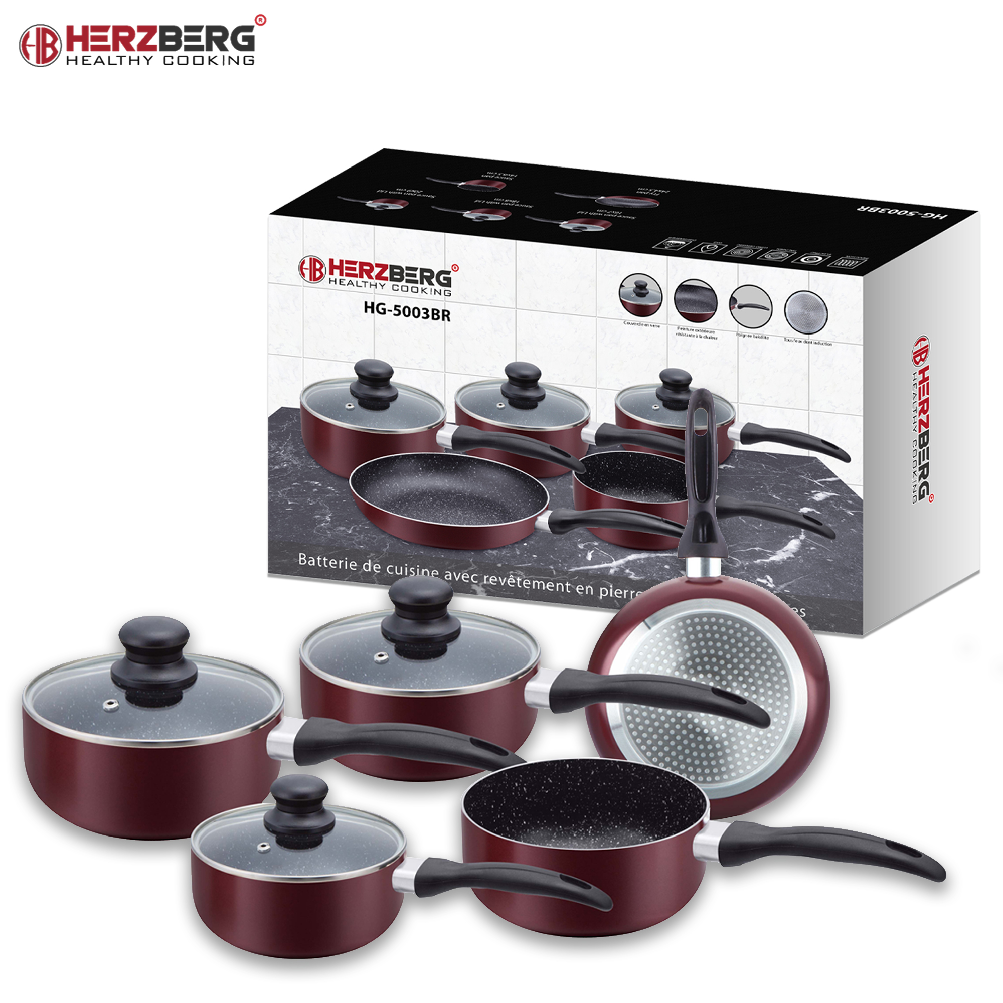 Herzberg HG-5003BR : Batterie de cuisine en marbre 8 pièces - Bourgogne