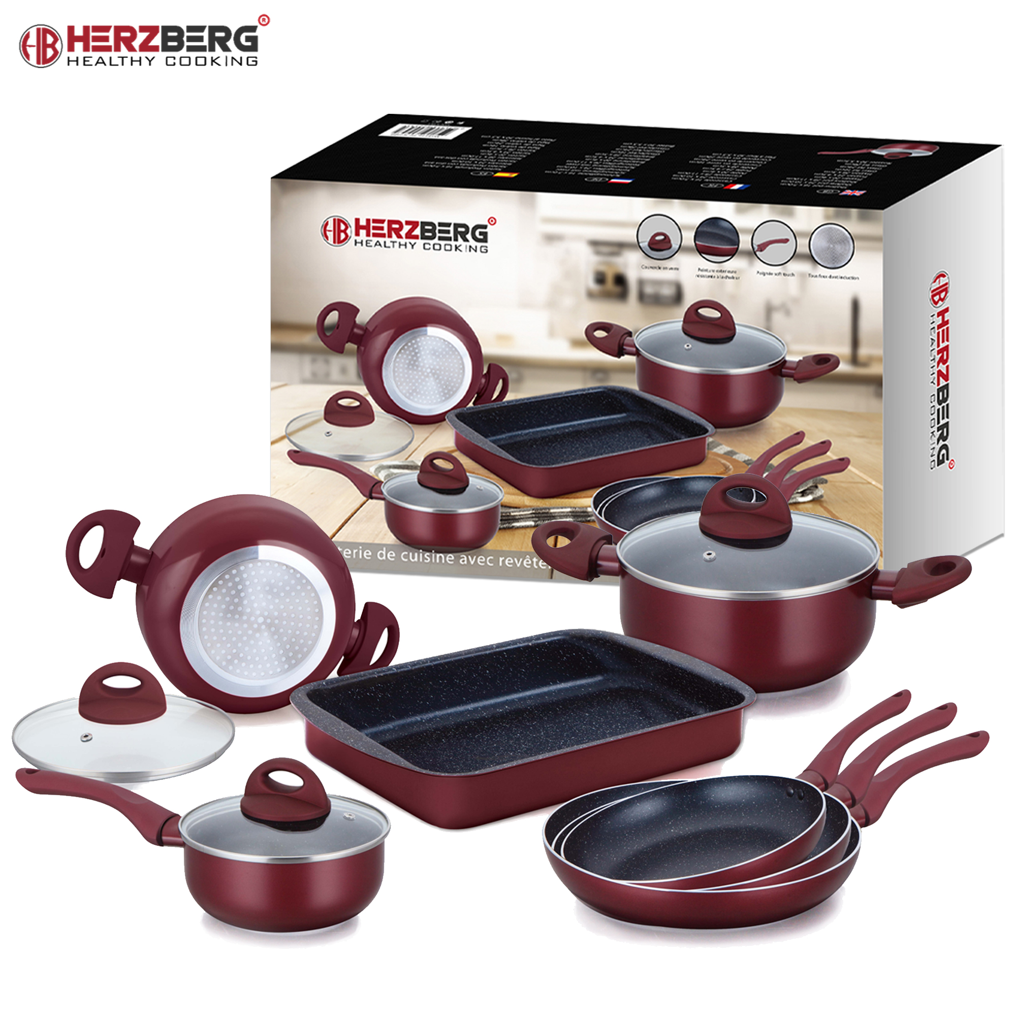Herzberg HG-9016BR: Juego de utensilios de cocina con revestimiento de mármol de 10 piezas - Borgoña