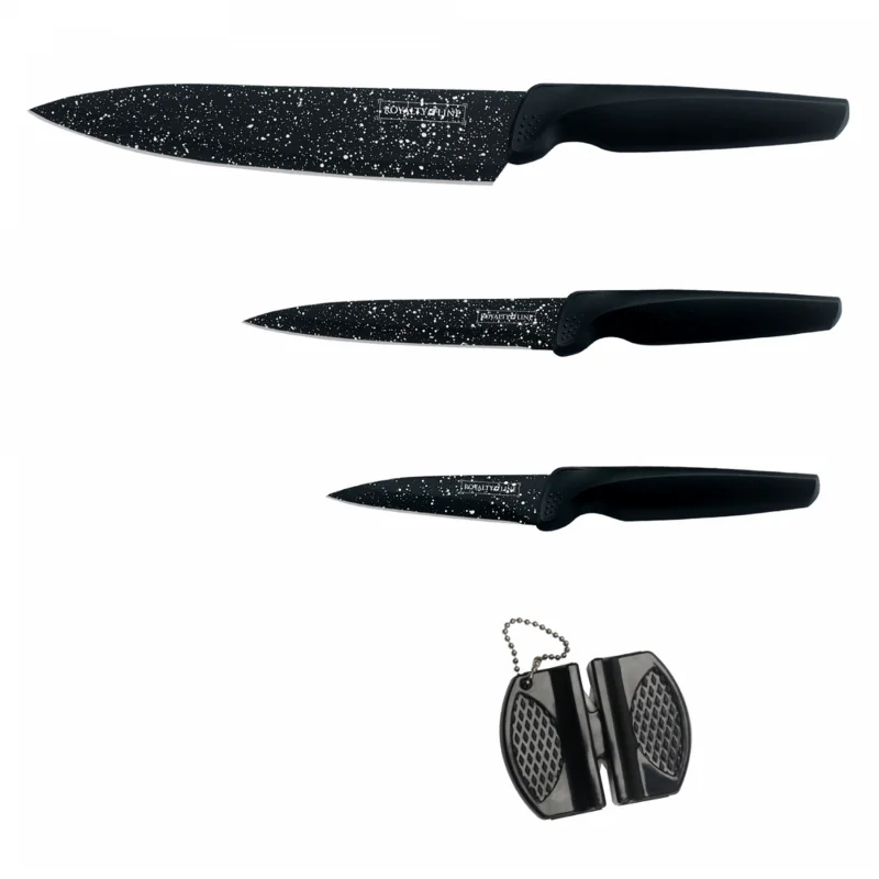 Royalty Line RL-MB3B: 3 Pieces Mable Coated Kitchen Knife Set with Pocket Knife Sharpener