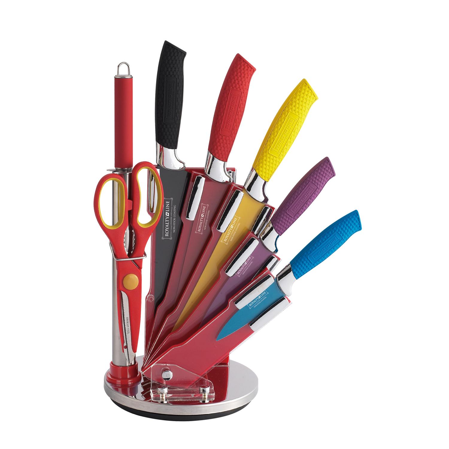 Royalty Line Juego de cuchillos de cerámica arco iris de 8 piezas con soporte giratorio