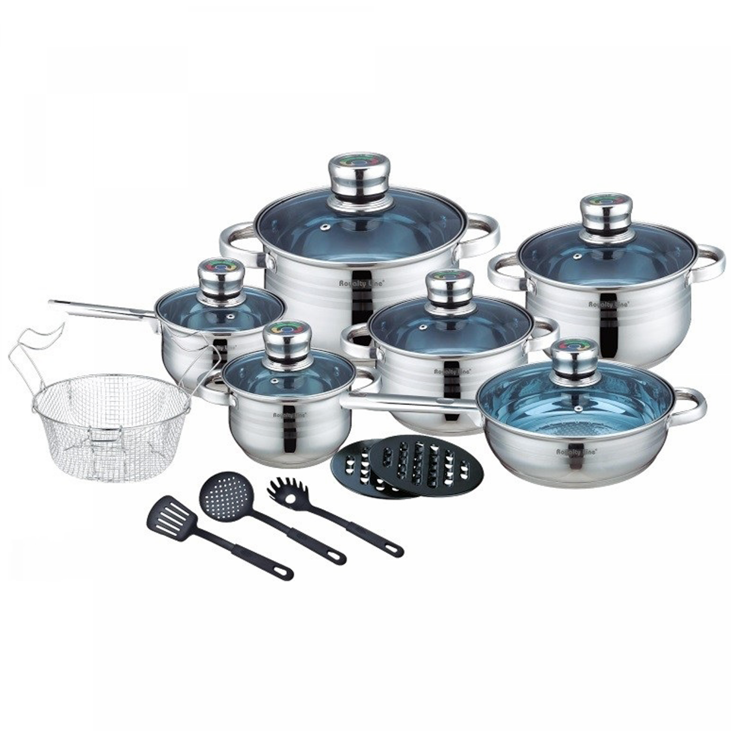 Royalty Line RL-1801B:  18-Piece Stainless Steel Cookware Set with Glass Lid